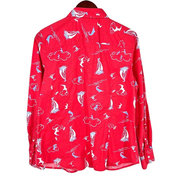 LL Bean Women Large Long Sleeve Coral Pink Birds Ocean Sailing Blouse Shirt Top - Picture 8 of 8